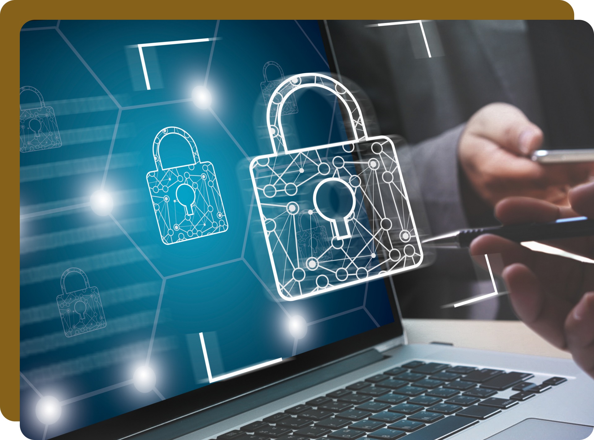 Laptop screen with a padlock icon, representing cybersecurity, near hands holding devices.