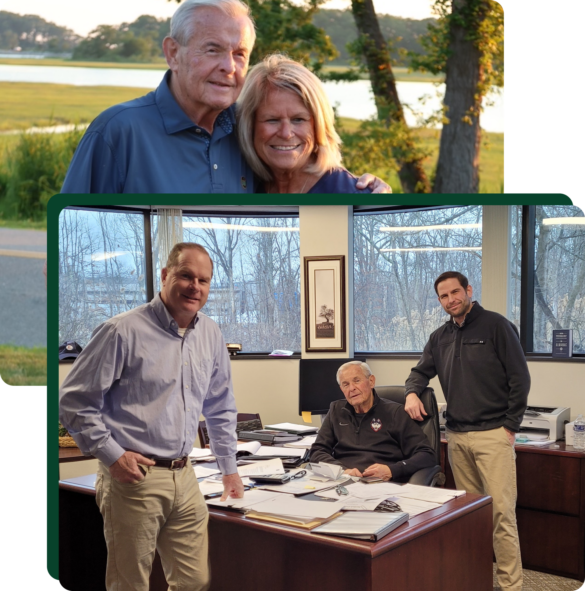 Two family photos: older couple by water, men in office around a desk, paperwork visible.