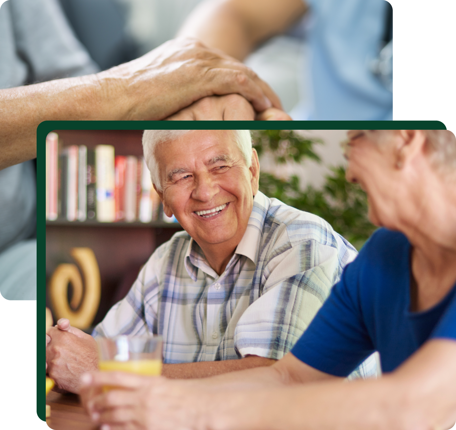 Elderly man smiling at someone while holding hands with another.