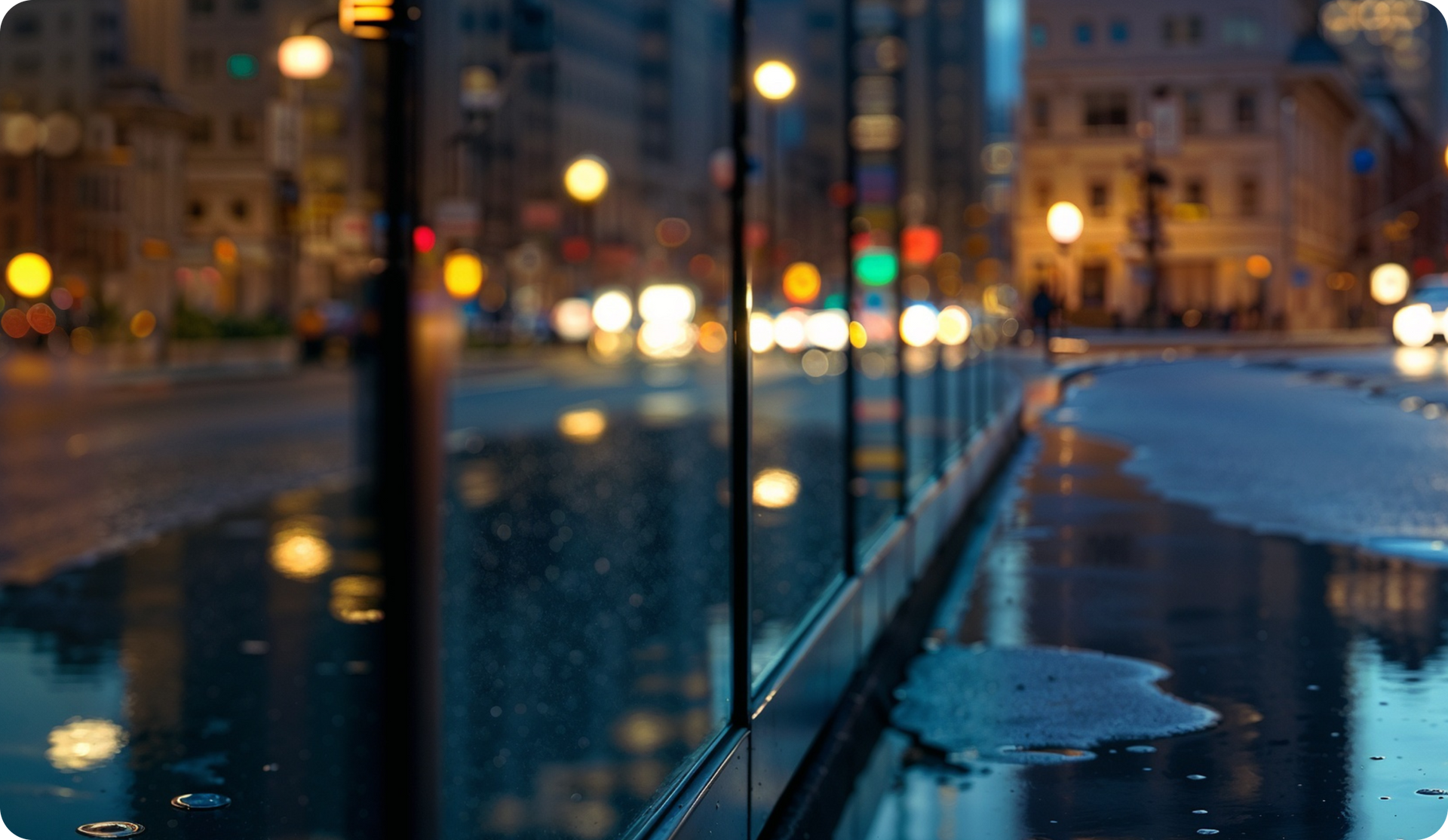 City lights reflect in wet pavement, with a building's glass wall in the foreground.