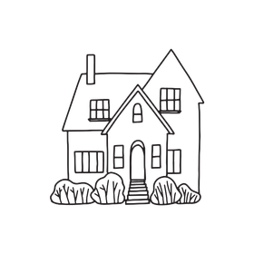 Line drawing of a house with two stories, windows, a chimney, and shrubs.