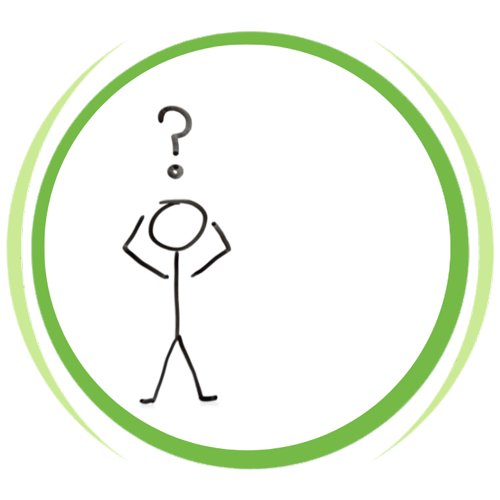 a stick figure with a question mark on his head in a green circle .