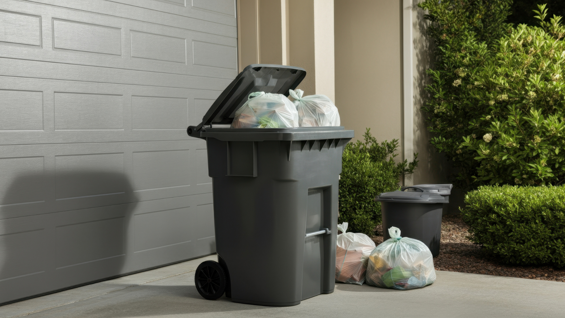 A garbage can is filled with trash bags in front of a garage door.