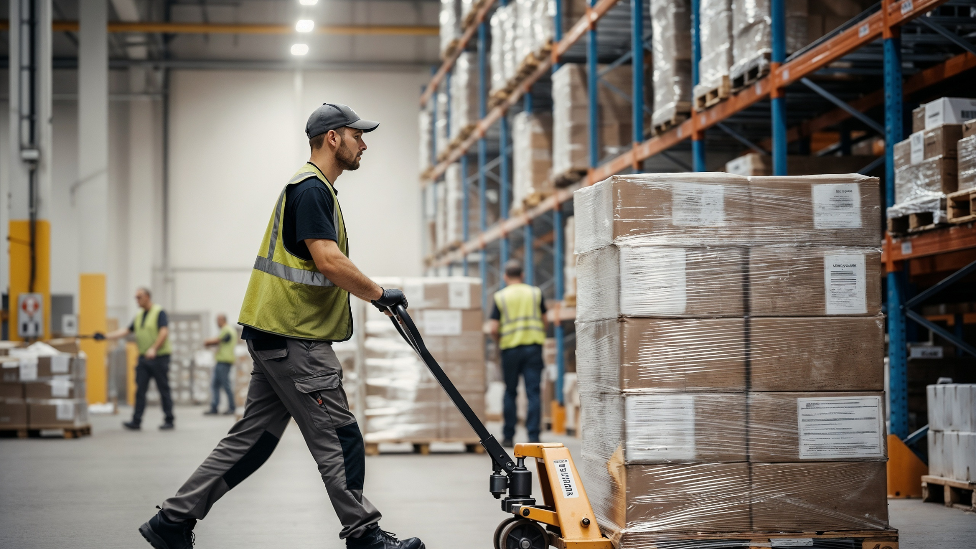 Warehouse worker moving boxes with a pallet jack. Other workers and shelves are visible in the background.