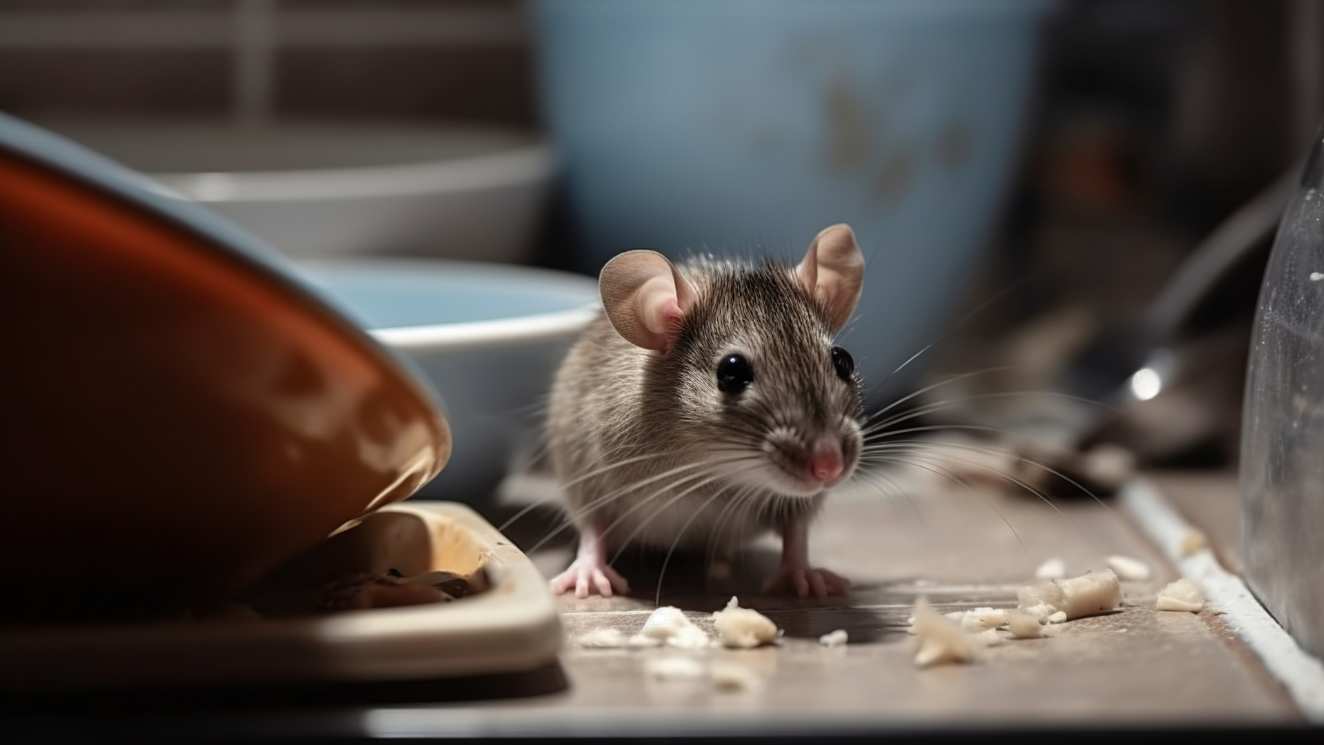 A small brown mouse with large ears stands on a kitchen counter, near dropped crumbs and dishes.