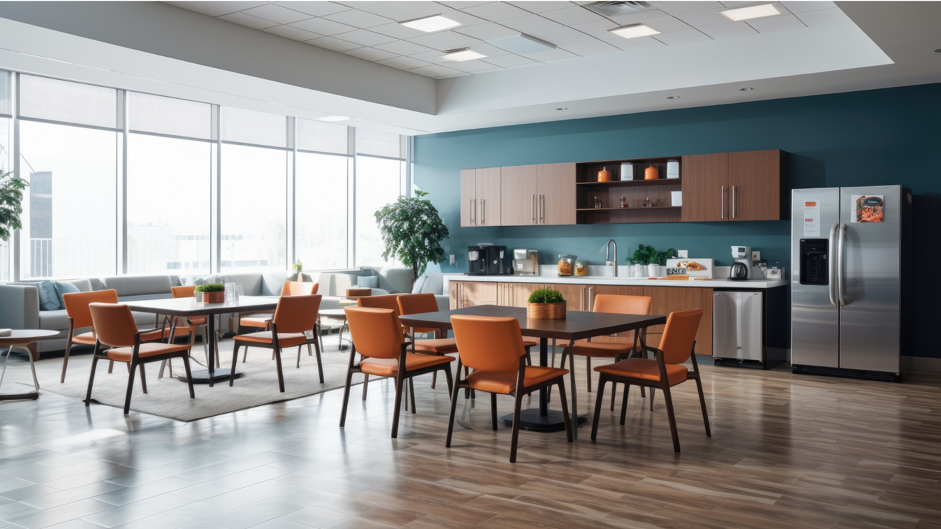 Modern office breakroom with tables, chairs, kitchen, and large windows. Blue accent wall, brown cabinets, stainless steel appliances.