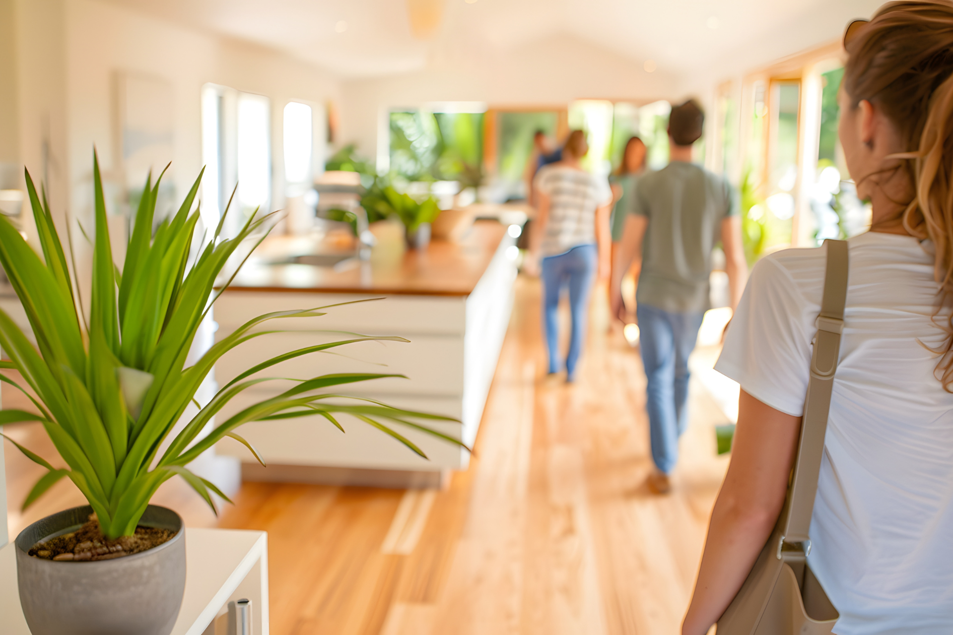 A woman is looking at a house with a potted plant and people walking around in the background.