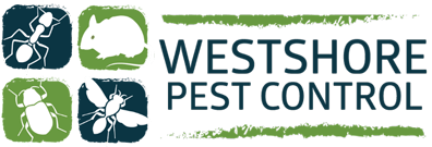 the logo for westshore pest control shows a rabbit , ant , and fly .