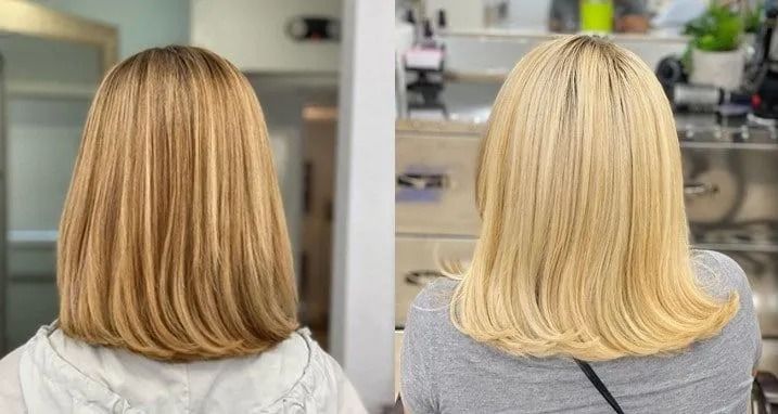 A before and after photo of a woman 's blonde hair in a salon.