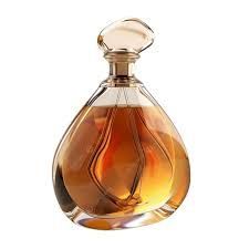 Un frasco de perfume con forma de pera, lleno de líquido ámbar. El frasco transparente tiene un tapón dorado.