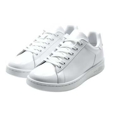 Zapatillas de piel blanca con cordones blancos, sobre superficie blanca.