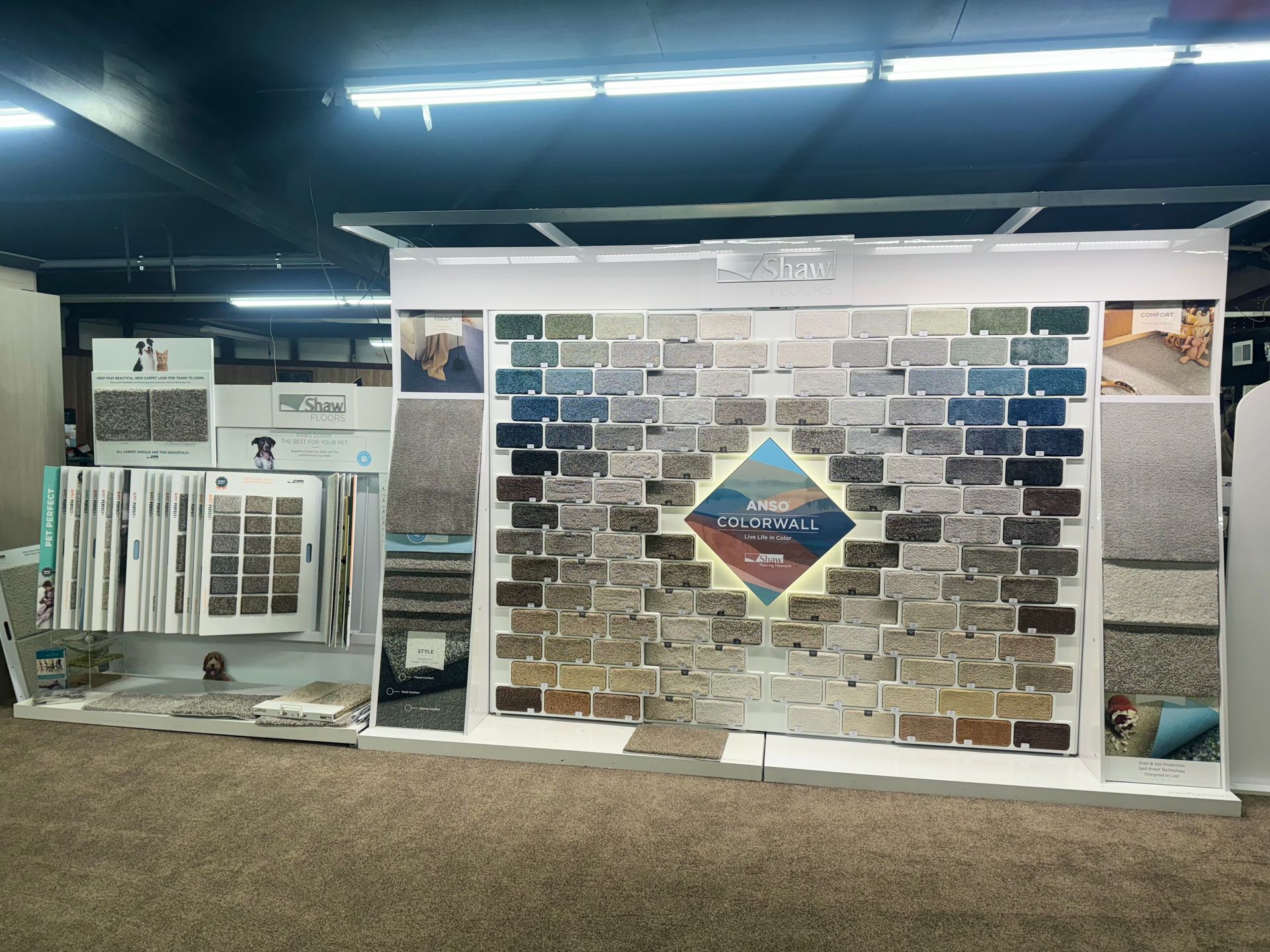 A display of carpets and tiles in a store