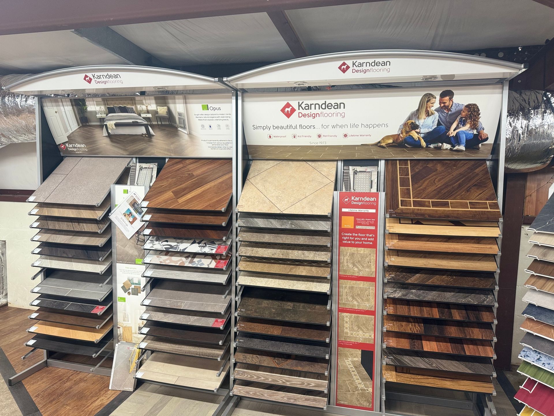 A display of different types of flooring in a store.