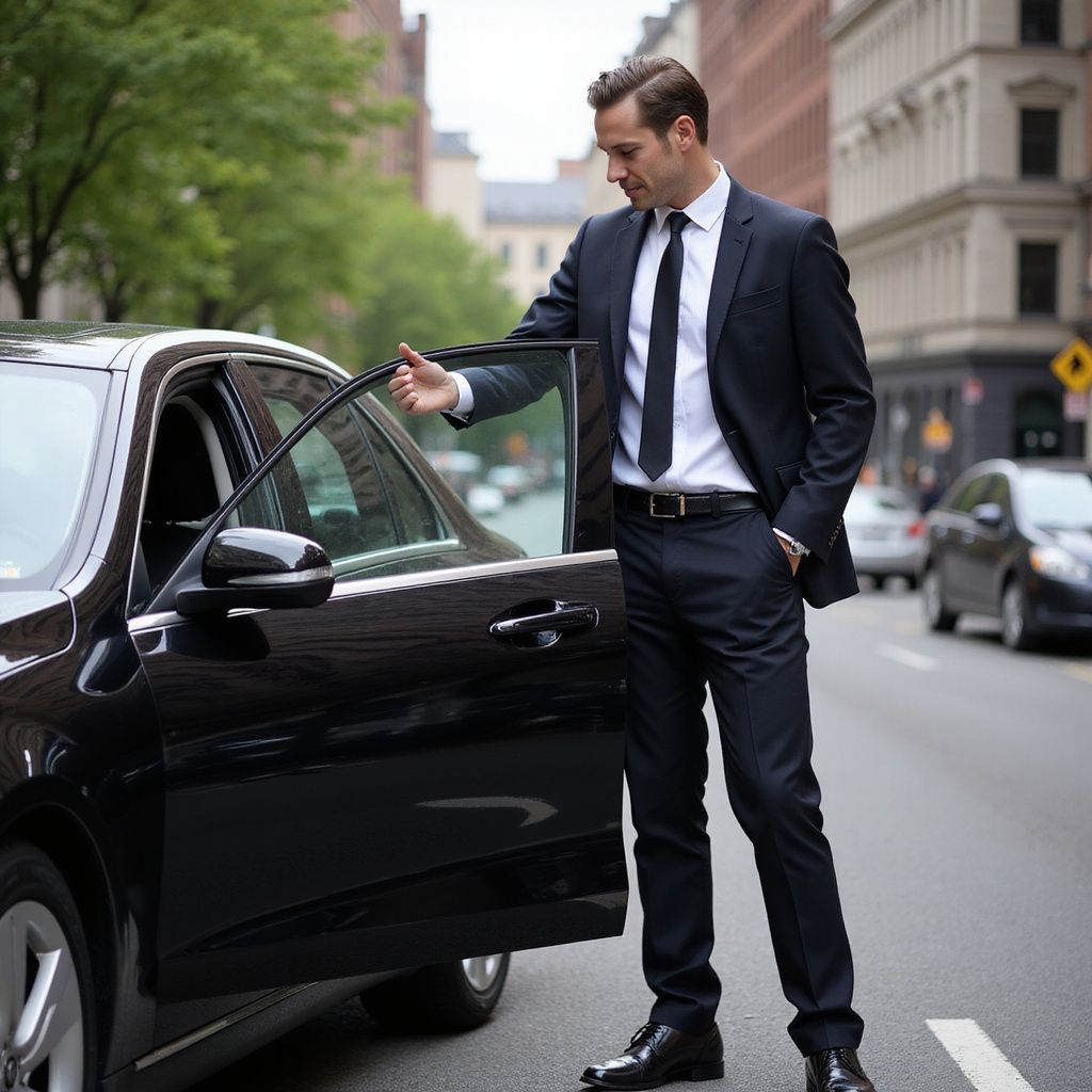 Man in suit opening a car door on city street.