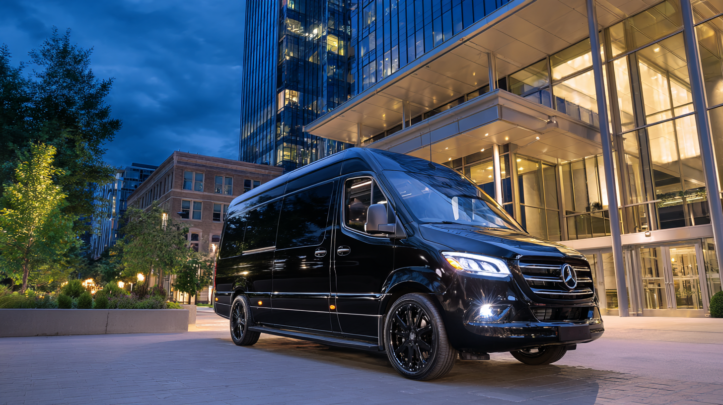 Four black tour buses parked on a city street in front of a modern building; golden sunlight.