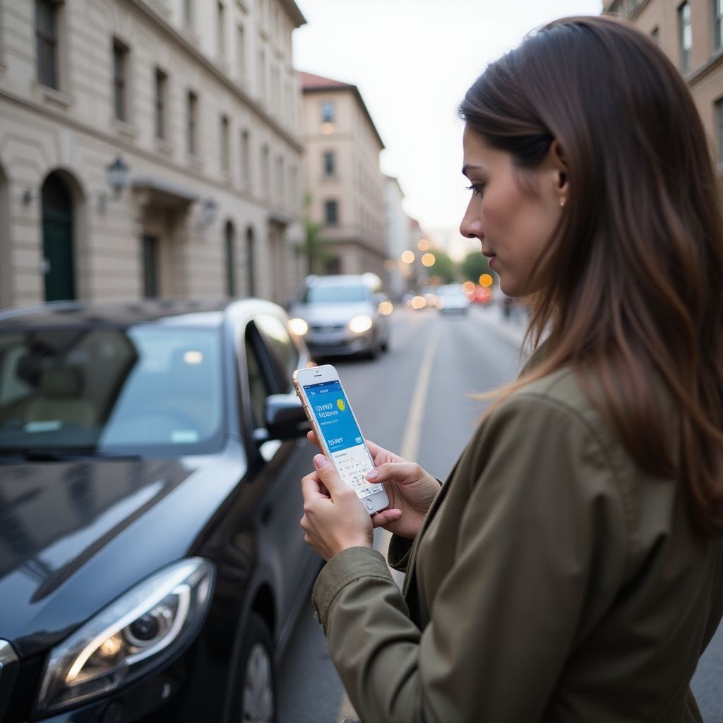 Woman using a phone on a street, near a black car, awaiting ride-share. Buildings in the background.