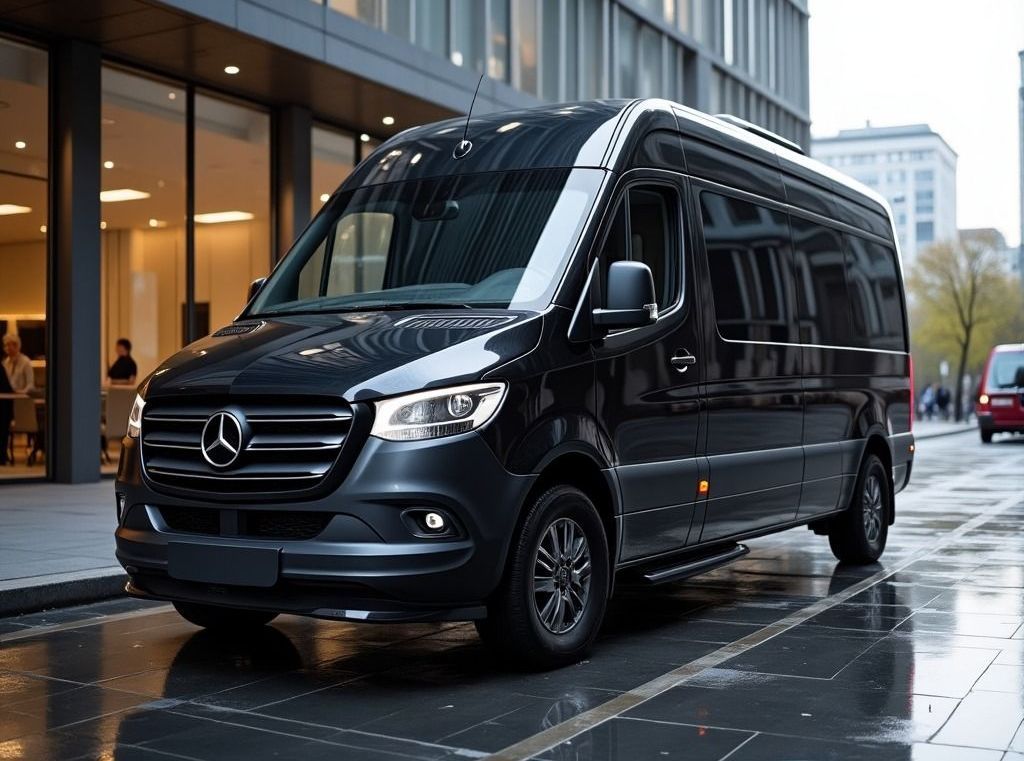 Black Mercedes-Benz Sprinter van parked in front of a building with a gray roof.