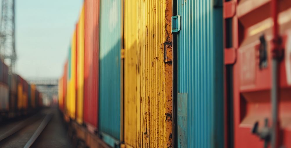 Train cars loaded with cargo containers on a track; sunset sky.