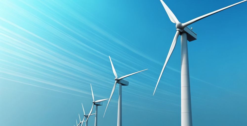 Wind turbines in a row, with blue sky and bright sunlight in the background.