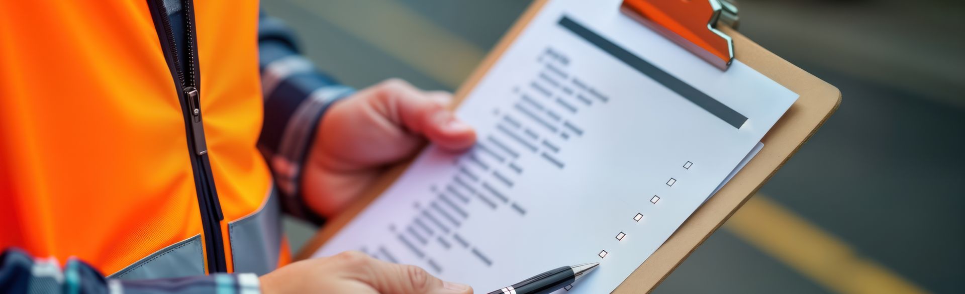 Person in orange vest holds clipboard with checklist, pen in hand.