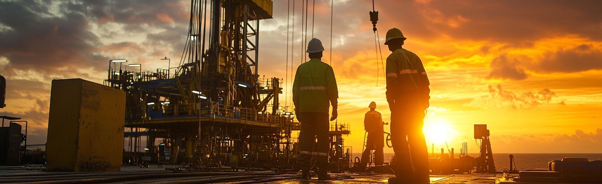 Workers on oil rig at sunset. Silhouette of workers, machinery, and a bright orange sky.
