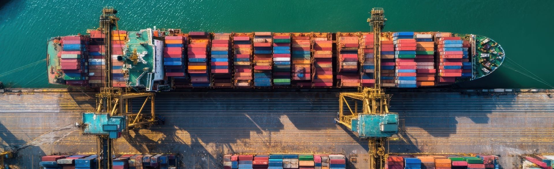 Aerial view of a cargo ship docked at a port, loaded with colorful shipping containers, surrounded by water and cranes.