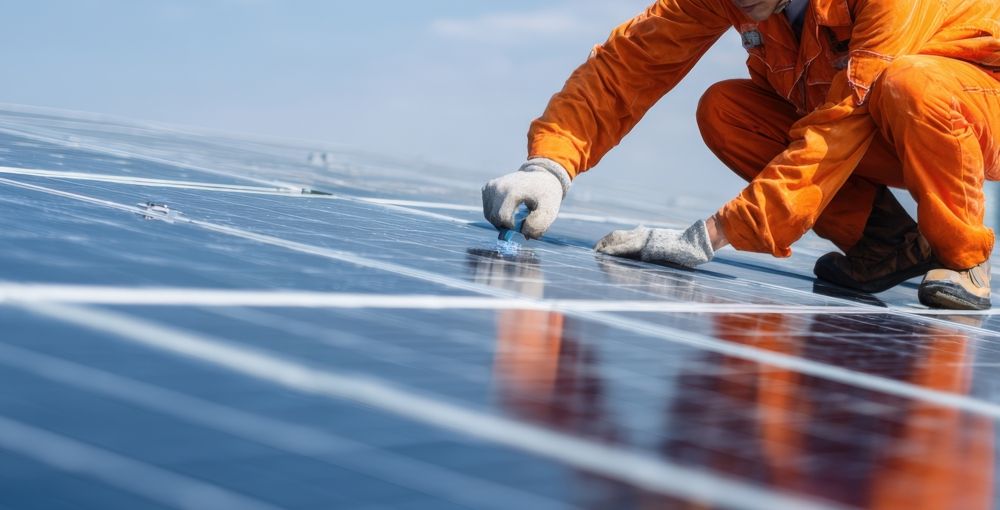 Solar panel technician in orange jumpsuit, installing solar panels on a rooftop.