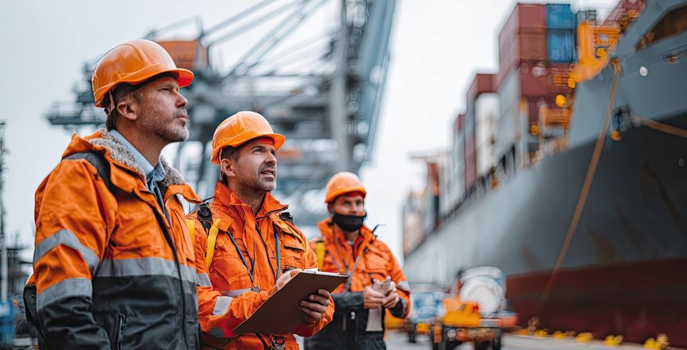 Three workers in orange vests and hard hats inspecting a cargo ship in a port.