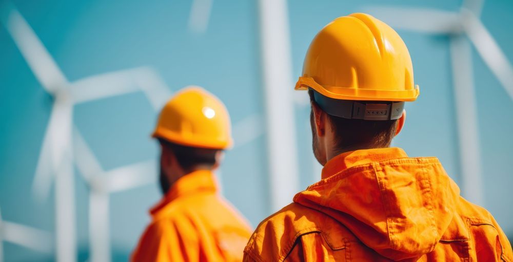 Two workers in orange jumpsuits and yellow hard hats, looking at wind turbines.
