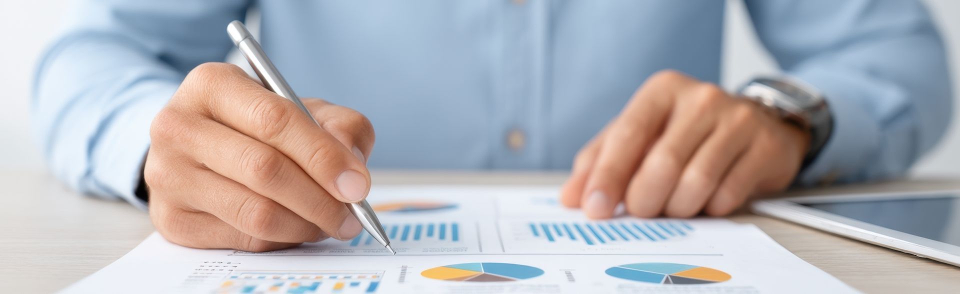 Person writing on financial documents with a pen.