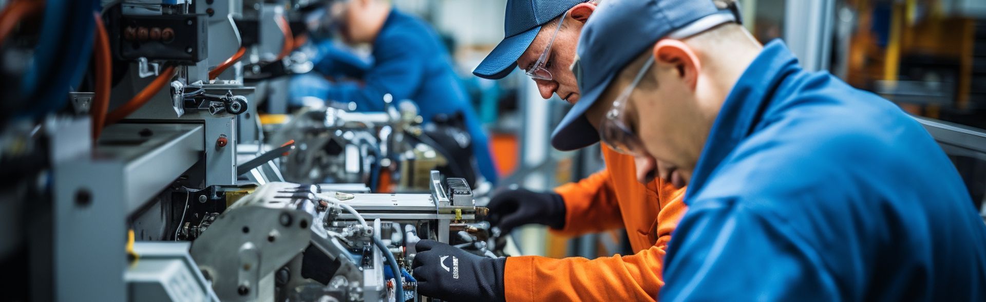 Factory workers in blue and orange coveralls assemble machinery, wearing hats and safety glasses.