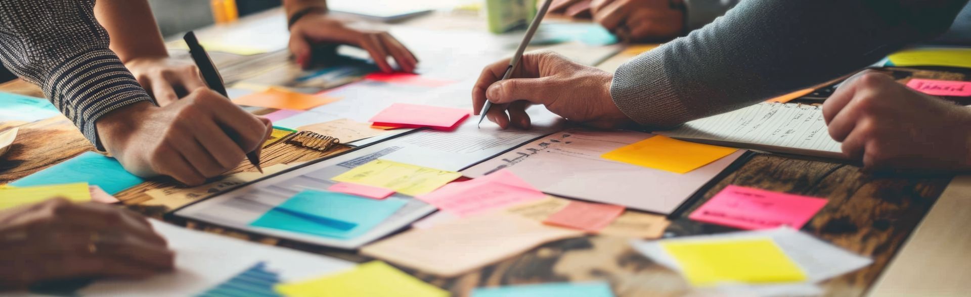 Hands of people writing on paper covered in colorful sticky notes, collaborative work session.