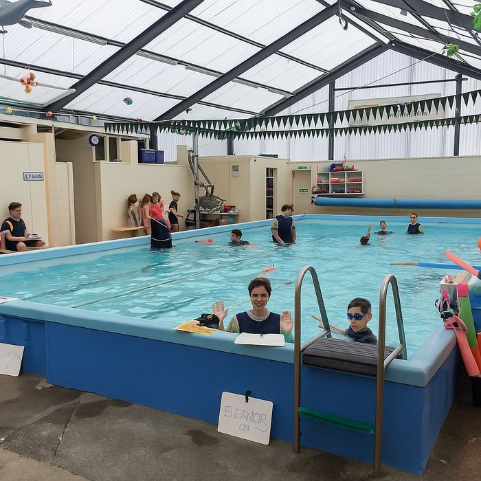 Indoor pool with children swimming and a teacher waving. Blue pool, white ceiling.