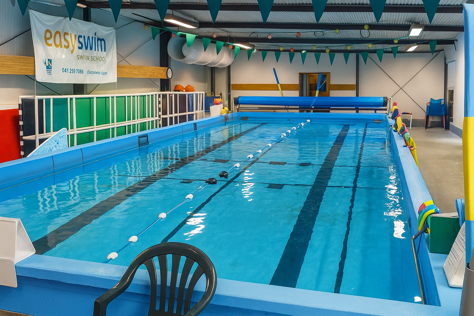 Indoor swimming pool with blue water, lanes, and an empty black chair.