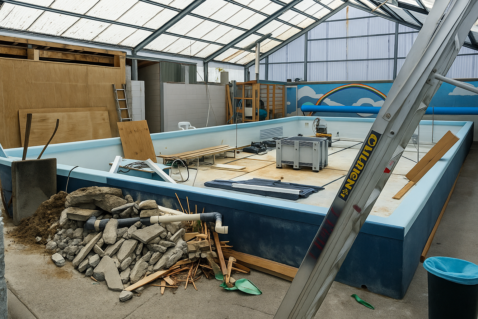 Indoor swimming pool under construction with debris, ladder, and blue walls.