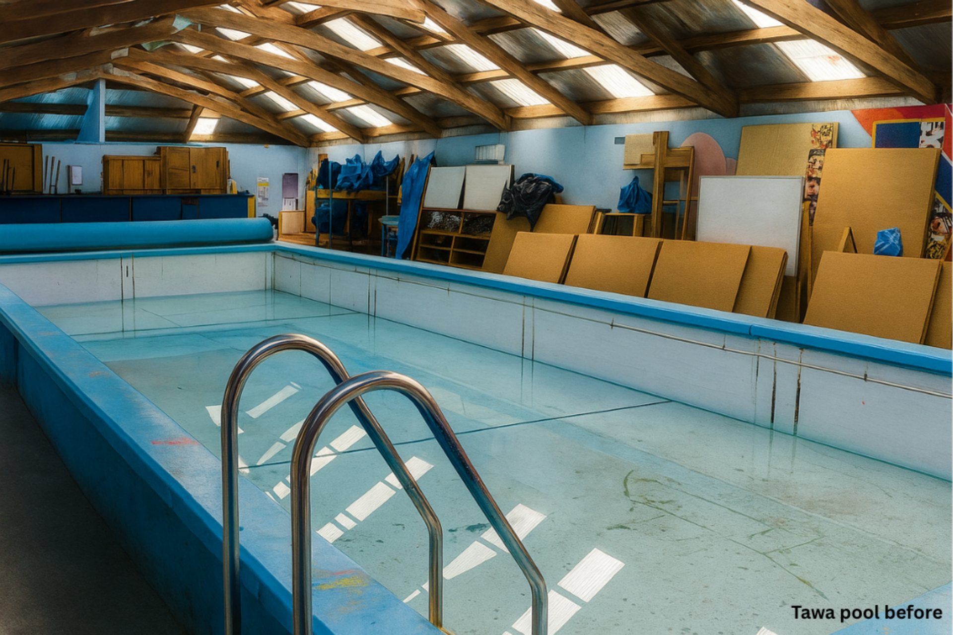 Empty indoor swimming pool with blue trim. Sunlight through roof.