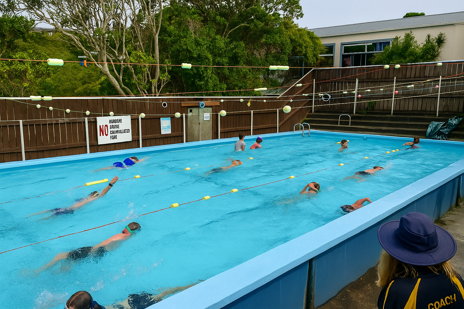 People swimming laps in an outdoor pool, under a blue sky.