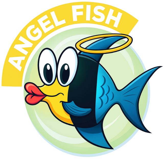 Cartoon angel fish with yellow face, blue body, gold halo, and red lips.