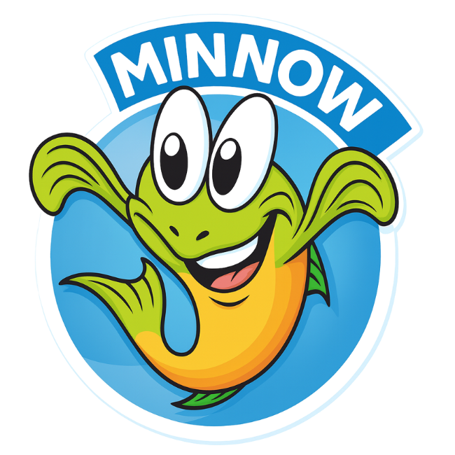 Cartoon minnow with big eyes and a smile, inside a blue circle, 