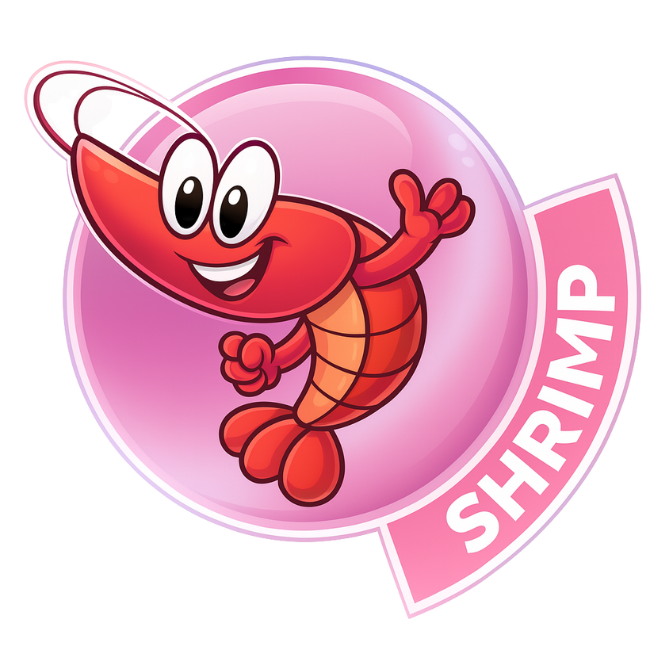 Smiling cartoon shrimp in a pink bubble, waving. Label reads 