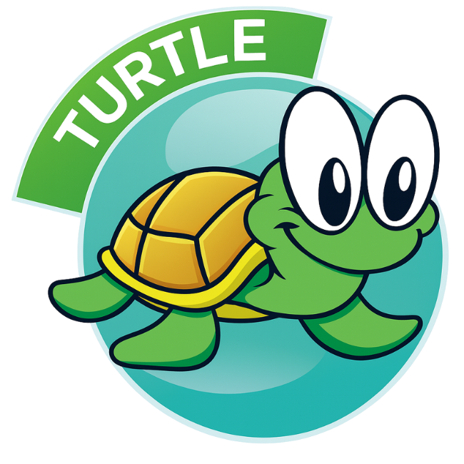 Cartoon turtle with green body, yellow shell, and big eyes, smiling, in a turquoise circle.