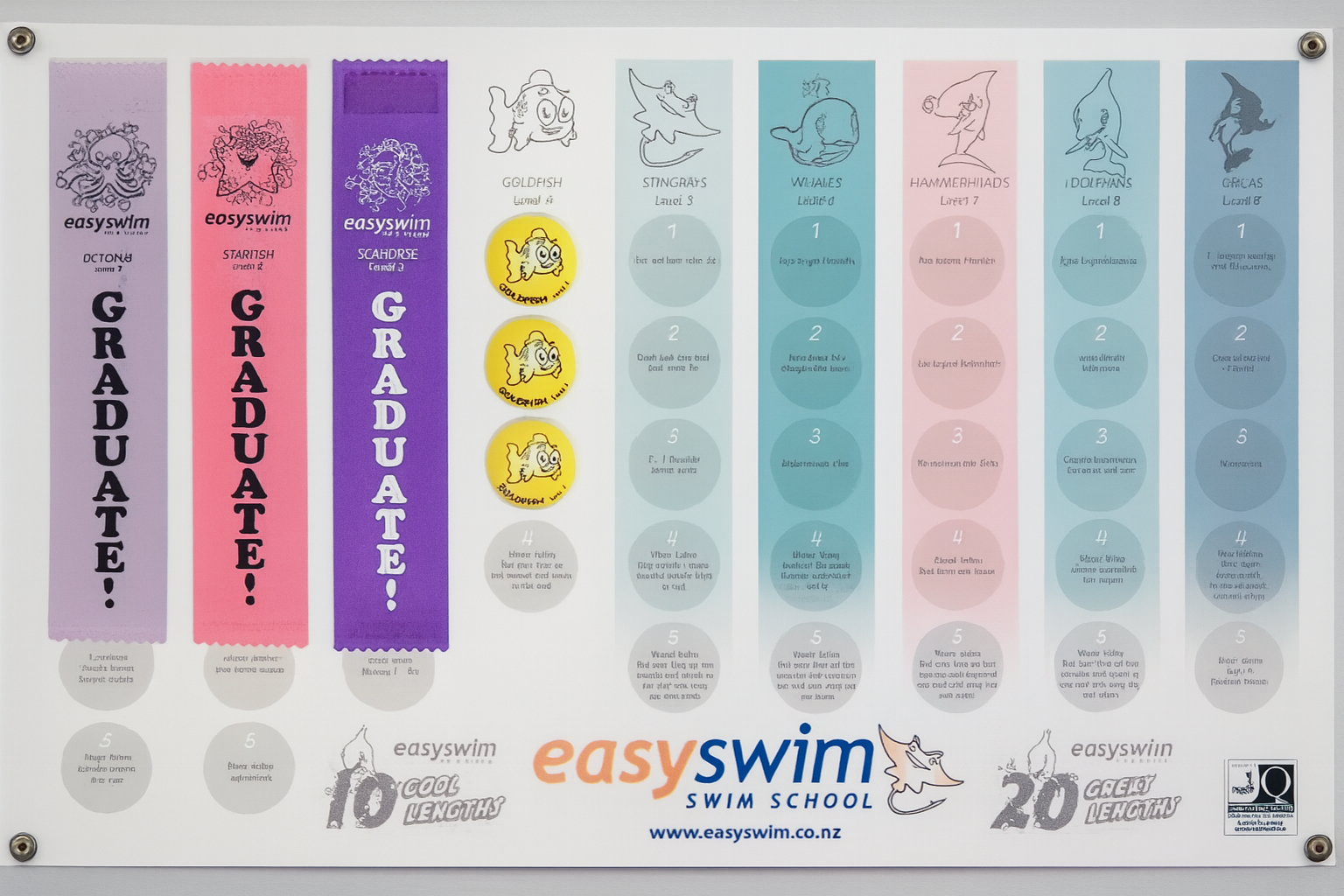 Swimming achievement chart. Colourful ribbons with stickers, for easy swim school graduation.