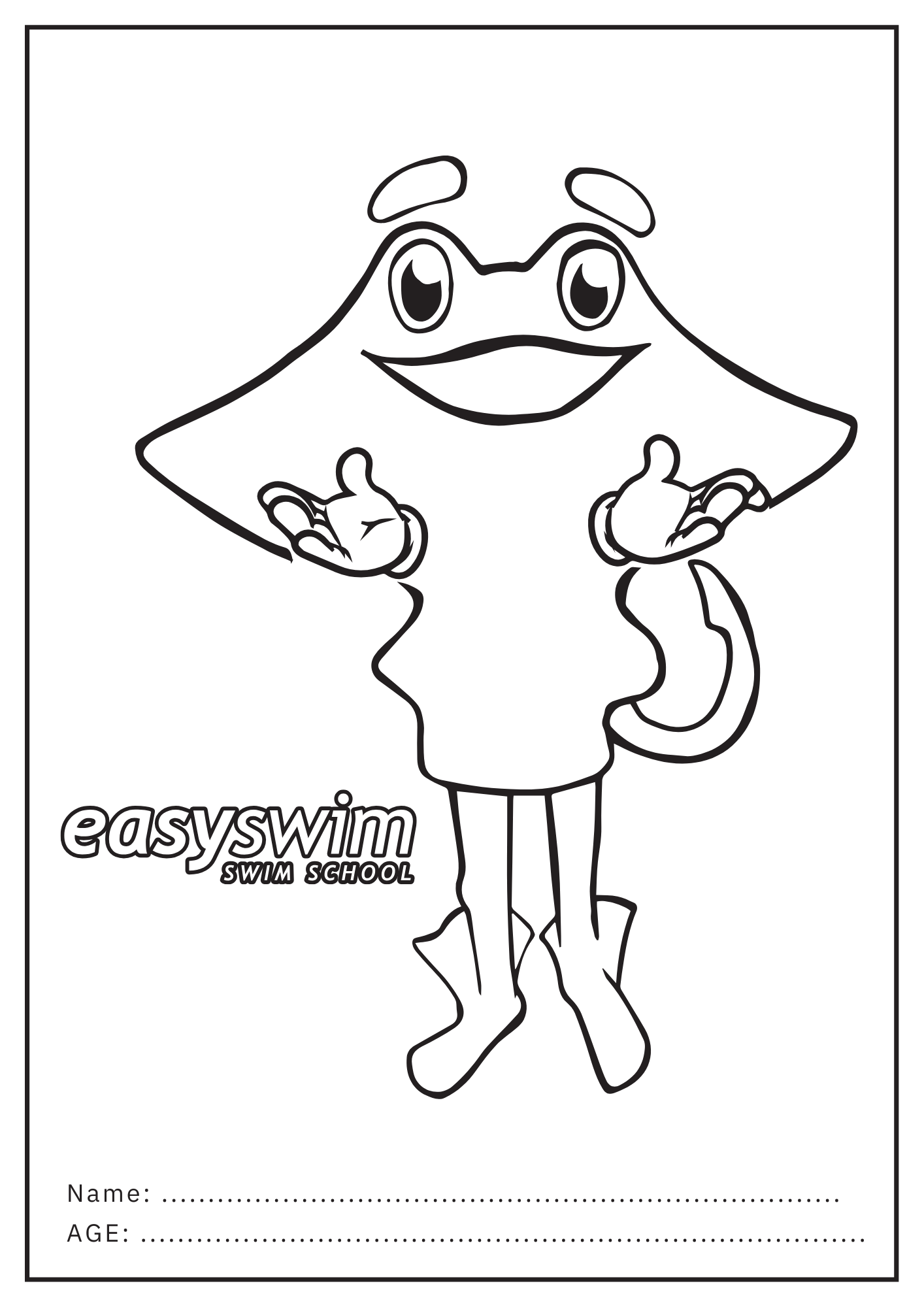 A cartoon stingray mascot with arms outstretched, wearing boots, and smiling. 