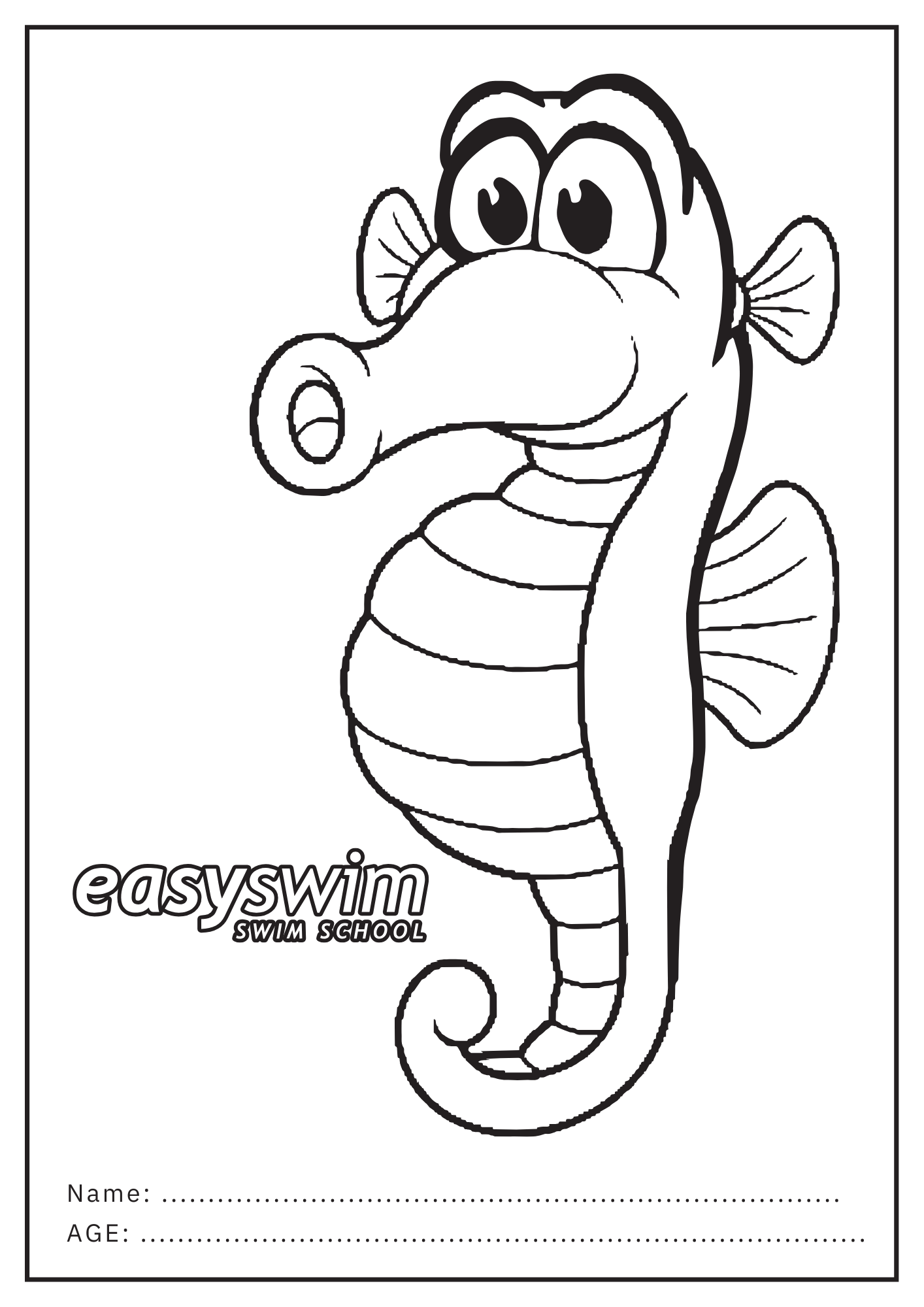 Black and white seahorse cartoon for colouring, with 