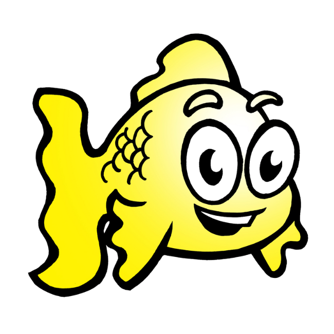 Yellow cartoon goldfish with a happy expression.