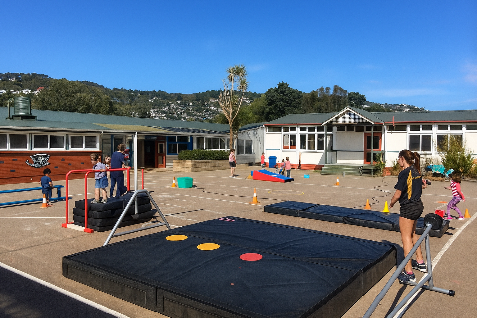 Children at an outdoor obstacle course in a schoolyard on a sunny day.
