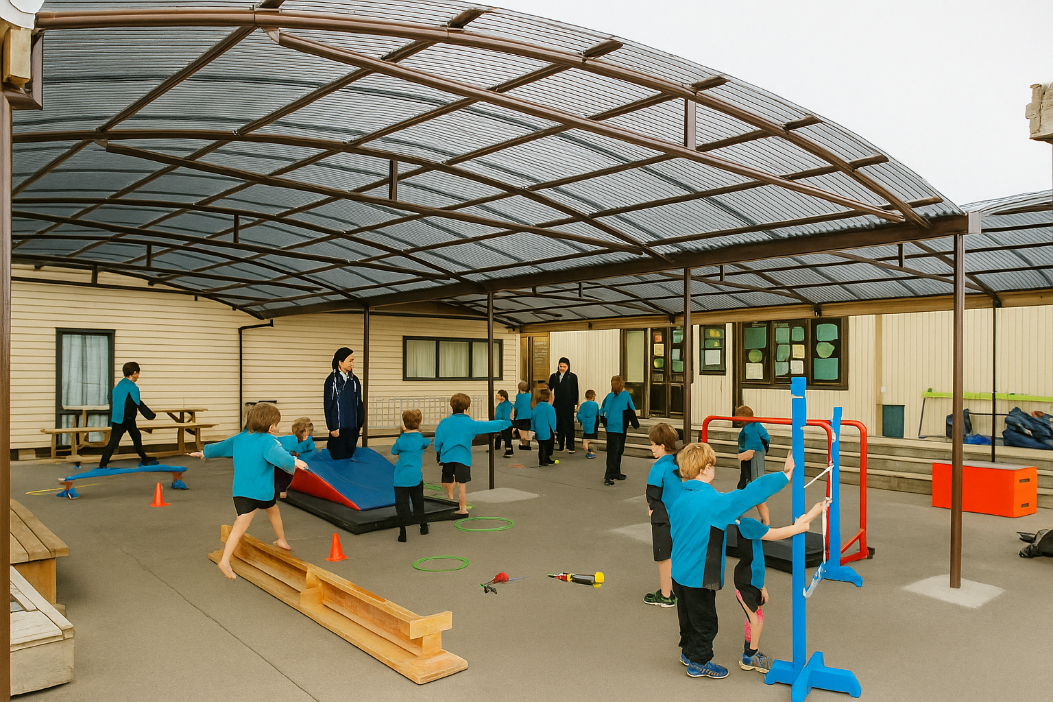 Children in blue shirts play under a shaded structure at a school.