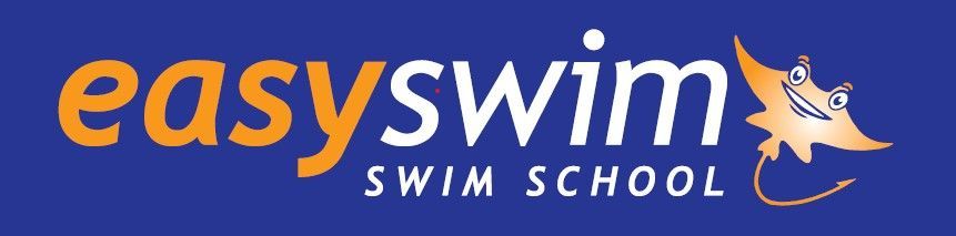 Easy Swim swim school logo with orange text on a blue background and a smiling stingray.