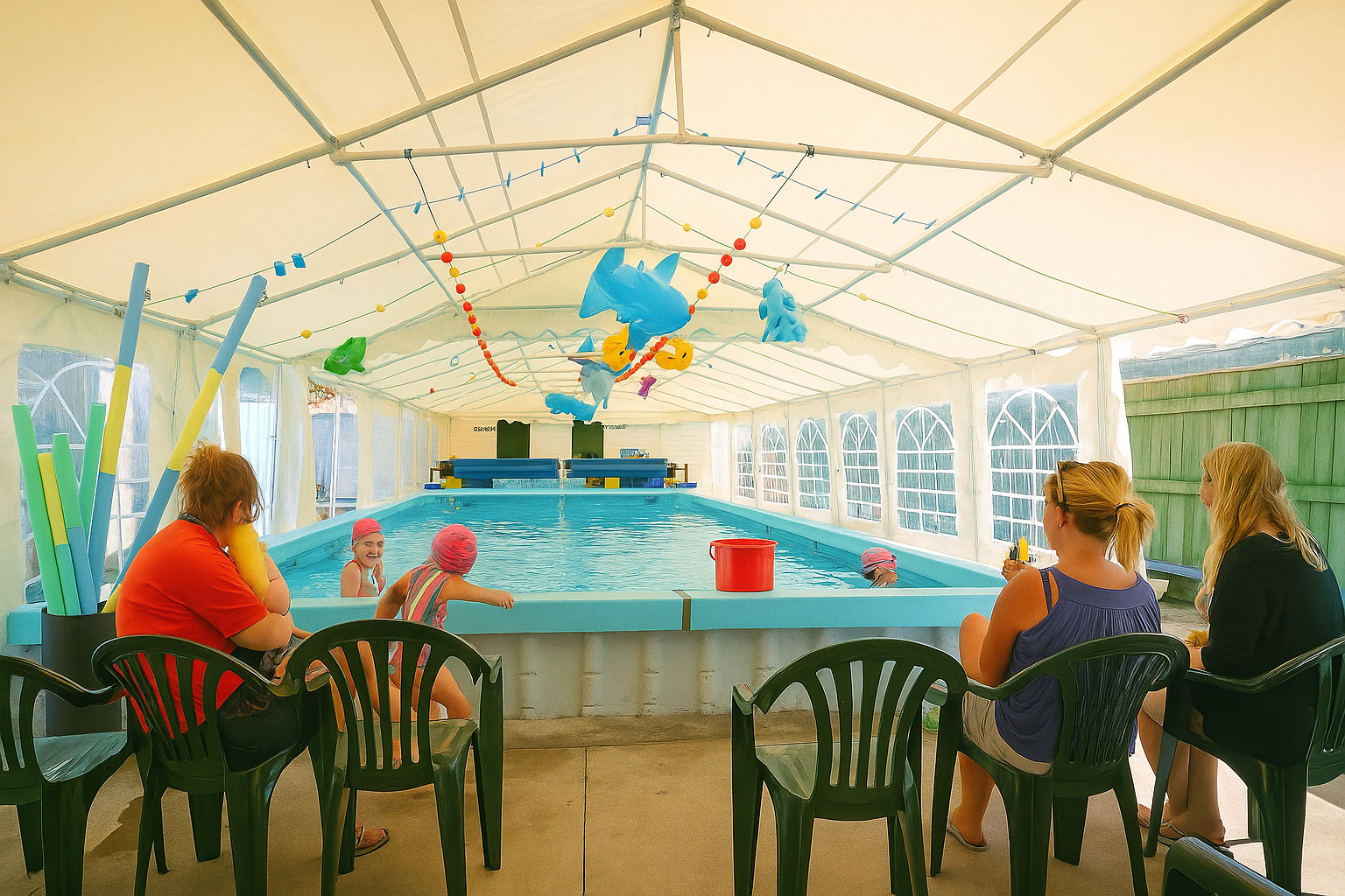 Indoor pool with children swimming, parents watching from chairs, colorful decorations.
