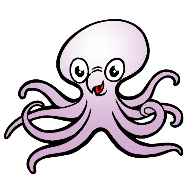 An octopus with purple body, smiling, and big eyes.